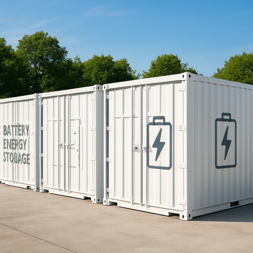 White battery energy storage system containers outdoors