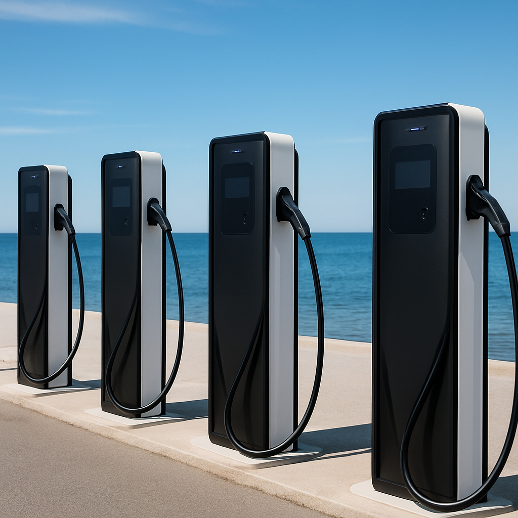 Row of modern EV charging stations