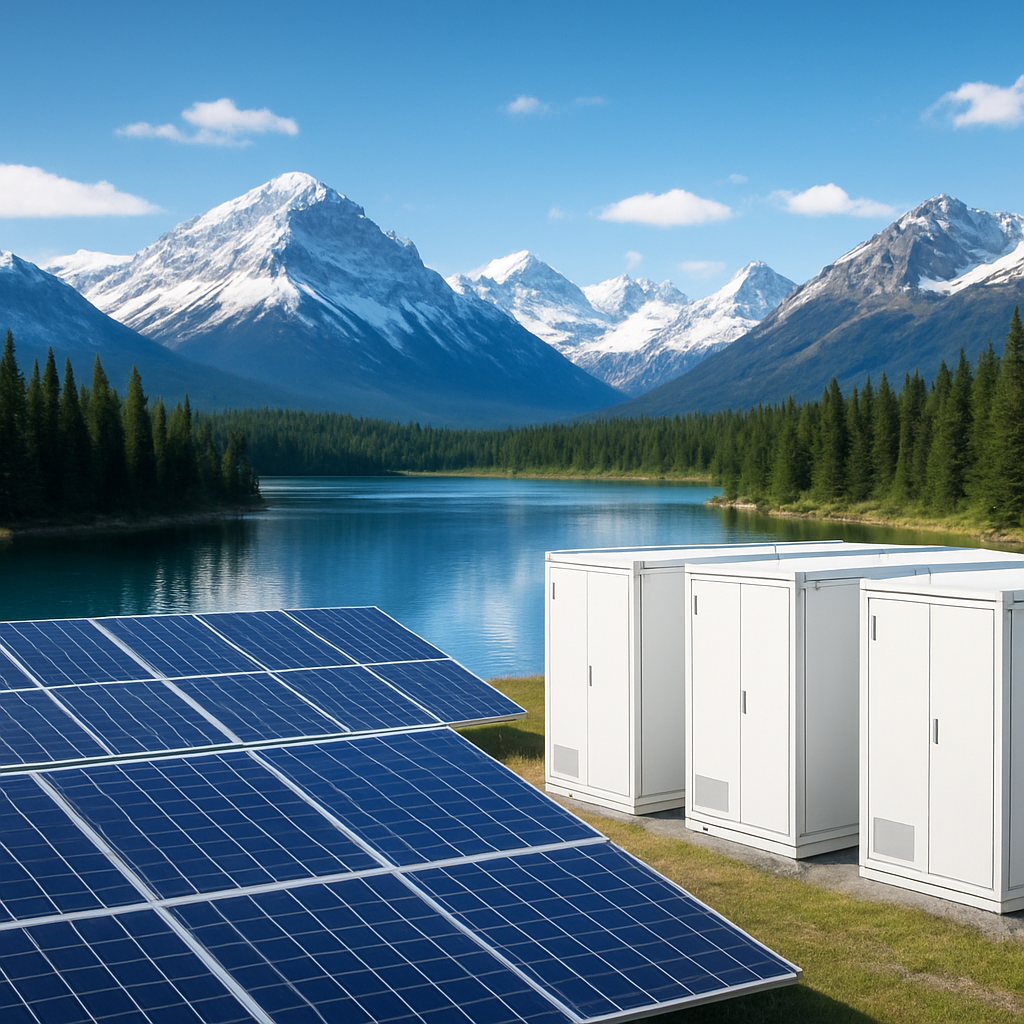 Canadian mountain landscape with solar panels and battery storage by a lake