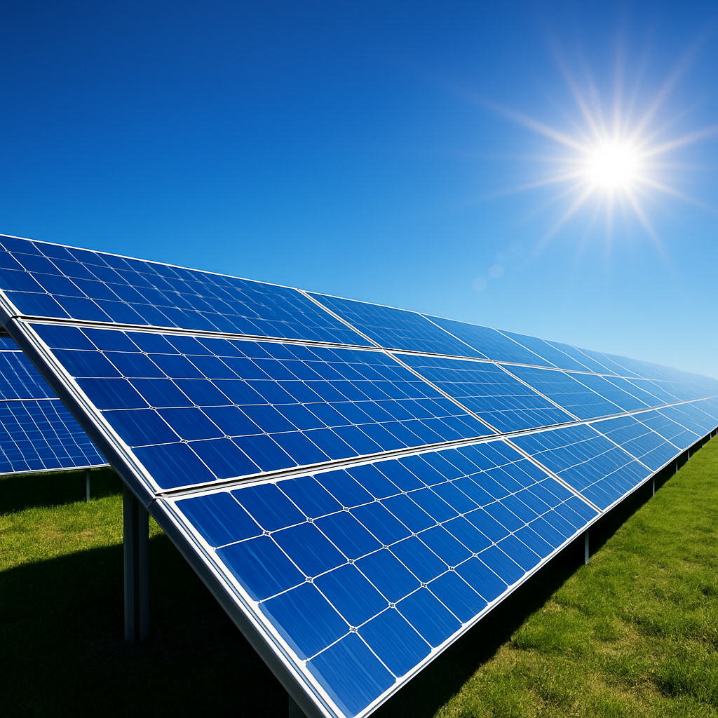 Rows of solar panels under a bright blue sky